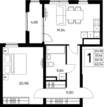 Планировка 1-комн 62,04 м²