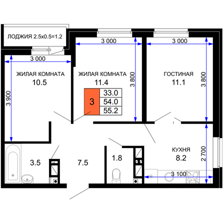 Планировка 3-комн 55,2 м²