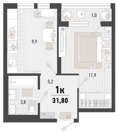 Планировка 1-комн 31,8 м²