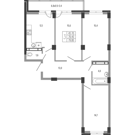 Планировка 3-комн 79,8, 79,9 м²