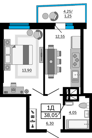 Планировка 1-комн 37,75, 38,05 м²