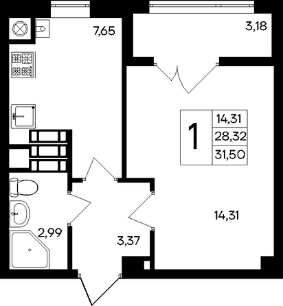 Планировка 1-комн 31,5 - 31,96 м²
