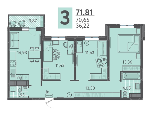 Планировка 3-комн 71,81 м²