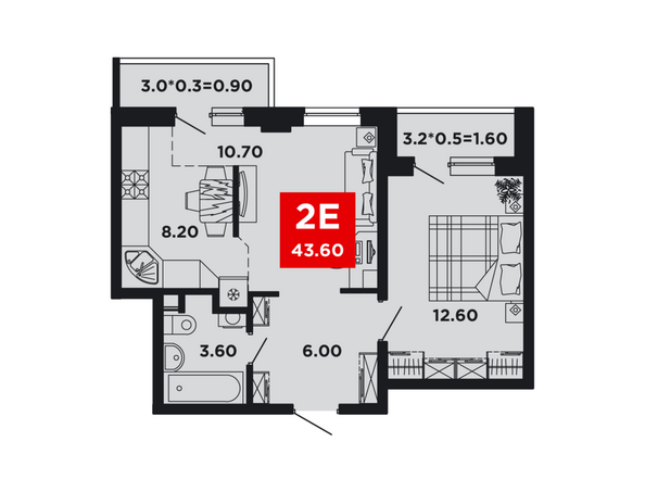 Планировка 2-комн 43,6 м²