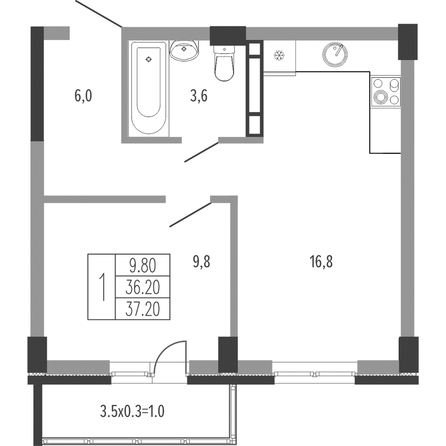 Планировка 1-комн 37,2, 37,4 м²