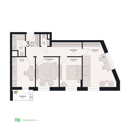 Планировка 3-комн 76,24 м²