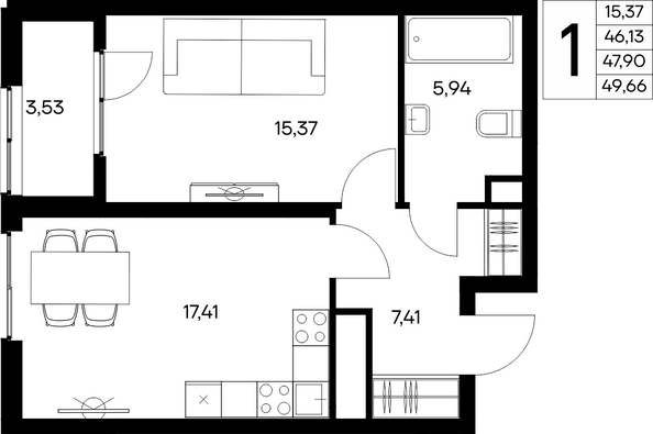 Планировка 1-комн 49,66 м²