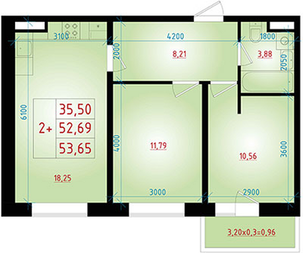 Планировка 3-комн 53,65 м²