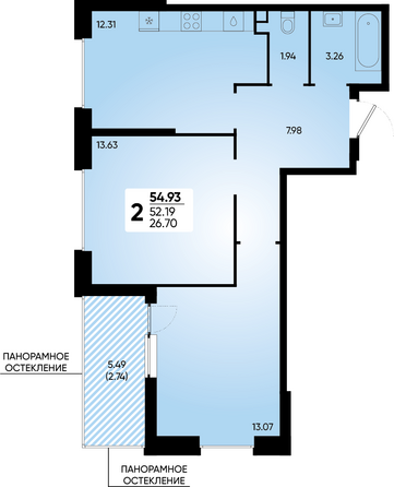 Планировка 2-комн 54,93 м²