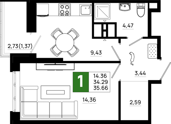 Планировка 1-комн 35,66 м²