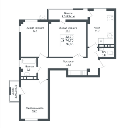 Планировка 3-комн 76,85 м²