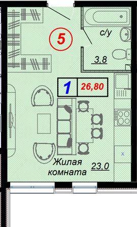 Планировка 1-комн 26,8 м²