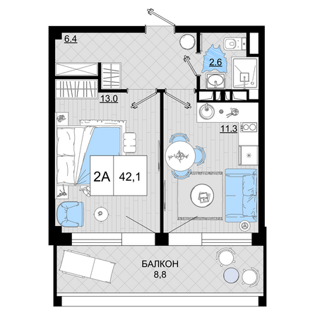 Планировка 2-комн 42,1 м²