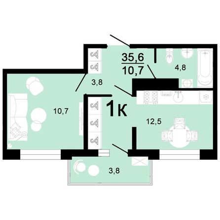 Планировка 1-комн 35,6 м²