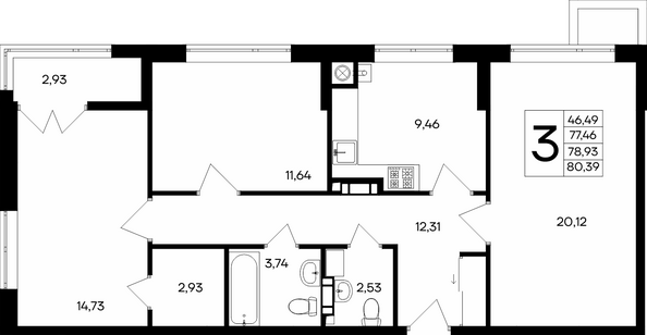 Планировка 3-комн 80,15, 80,39 м²