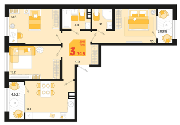 Планировка 3-комн 74,6 м²