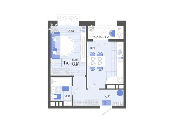 Планировка 1-комн 36,42 м²