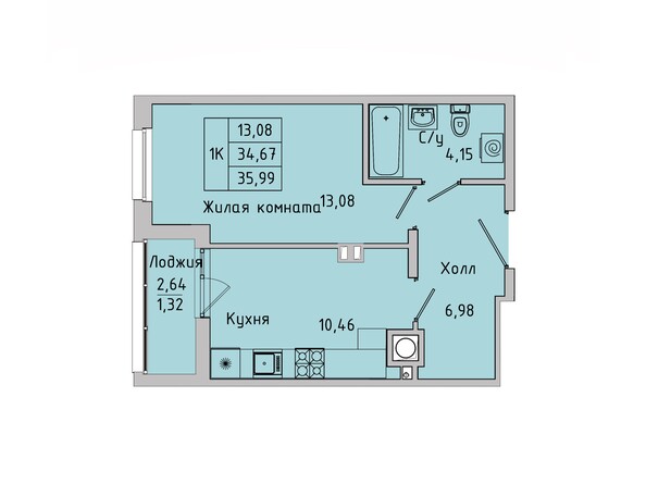 Планировка 1-комн 34,76 - 35,99 м²