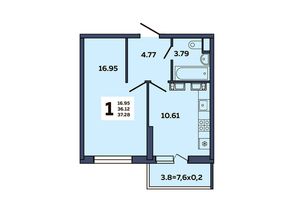 Планировка 1-комн 37,28 м²