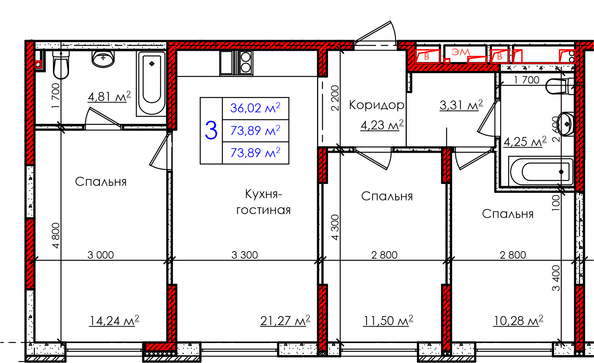 Планировка 3-комн 73,89 м²