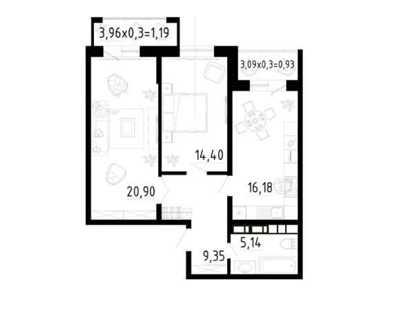 Планировка 2-комн 68,71 м²