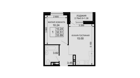 Планировка 1-комн 33,89 м²