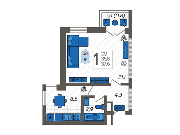 Планировка 1-комн 37,6 м²