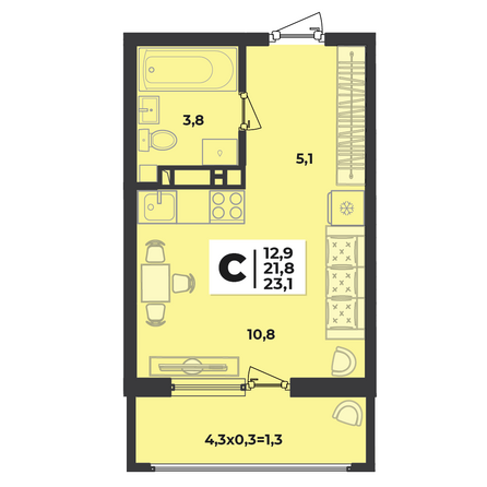 Планировка 1-комн 23,1 м²