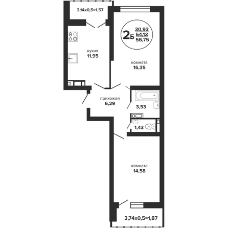 Планировка 2-комн 56,75 м²