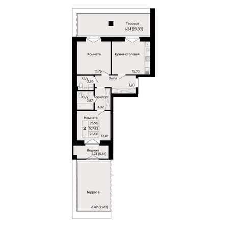 Планировка 2-комн 75,5 м²