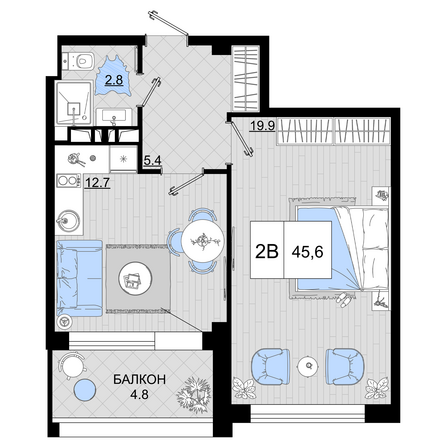 Планировка 2-комн 45,6 м²