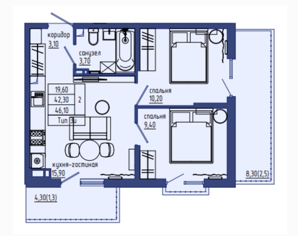 Планировка 3-комн 44,8 м²