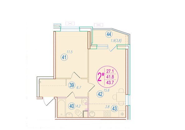 Планировка 2-комн 43,7 м²