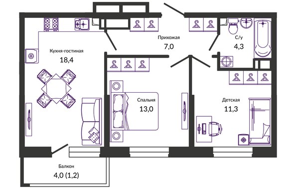 Планировка 2-комн 55,2 м²