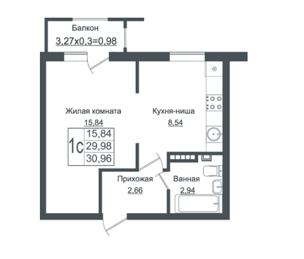 Планировка Студия 30,96 м²