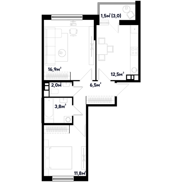 Планировка 2-комн 55 м²