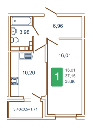 Планировка 1-комн 38,85, 38,86 м²