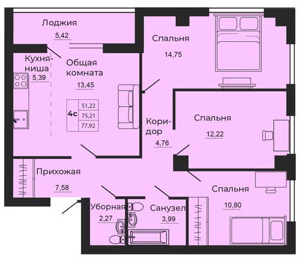 Планировка 4-комн 77,92 м²