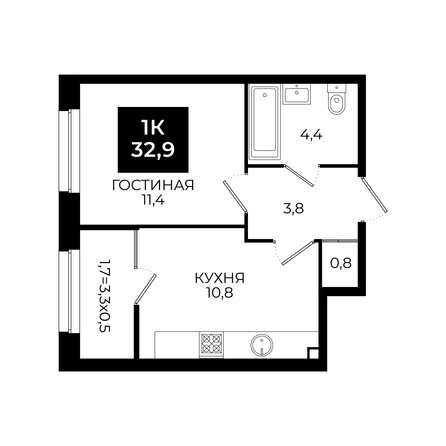 Планировка 1-комн 32,9 м²