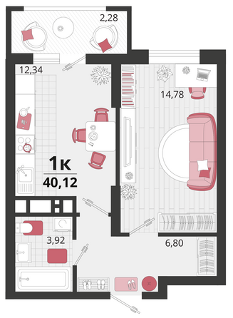 Планировка 1-комн 40,12 м²