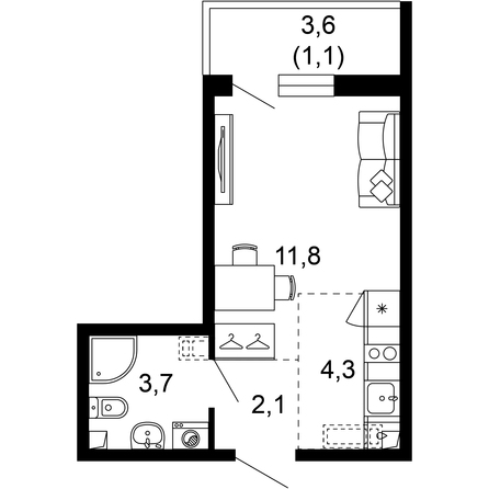 Планировка 1-комн 23 м²