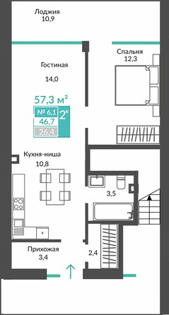 Планировка 2-комн 57,3 м²