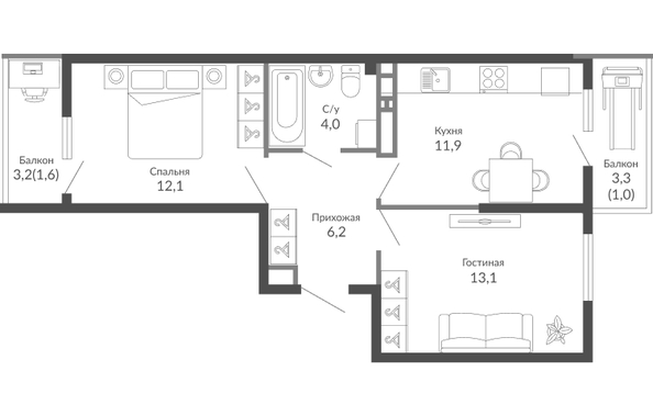 Планировка 2-комн 49,9 м²