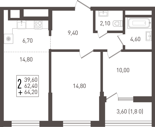 Планировка 2-комн 64,2 м²