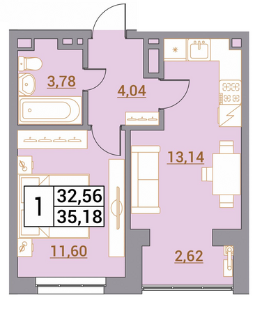 Планировка 1-комн 35,18 м²