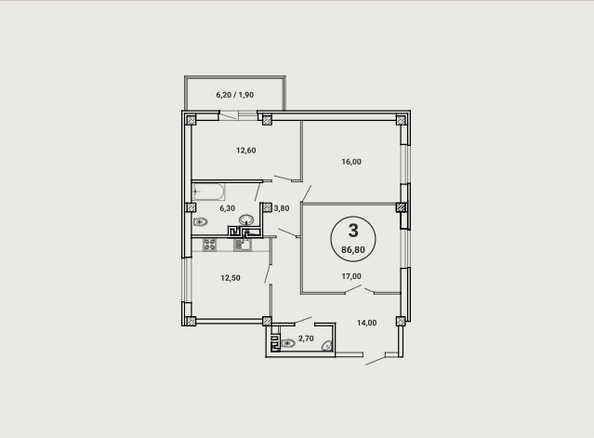 Планировка 3-комн 86,8 м²