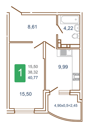 Планировка 1-комн 40,65 - 40,77 м²