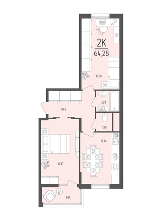 Планировка 2-комн 64,28 м²