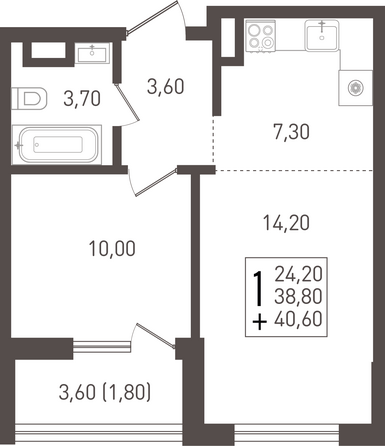 Планировка 1-комн 40,6 м²