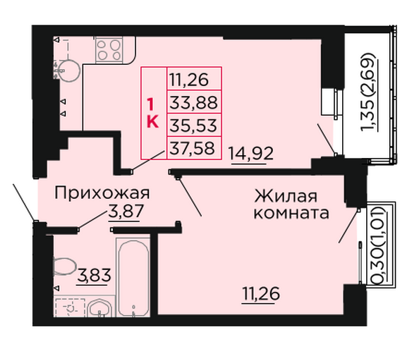 Планировка 1-комн 35,53 м²